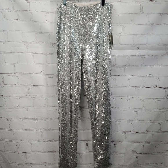 Tipsy Elves Silver Sequin High Waisted Leggings Women's Size L NWT - Picture 2 of 13